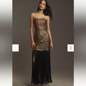 Gold and Black Strapless Embellished Gown with Slit
